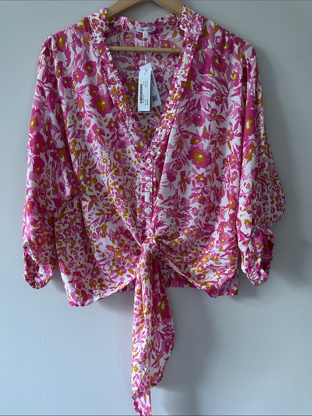 Poupette St Barth Pink and Yellow Floral V-Neck Button Blouse - Size M/L NWT